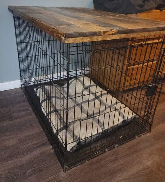 Table with best sale dog crate underneath